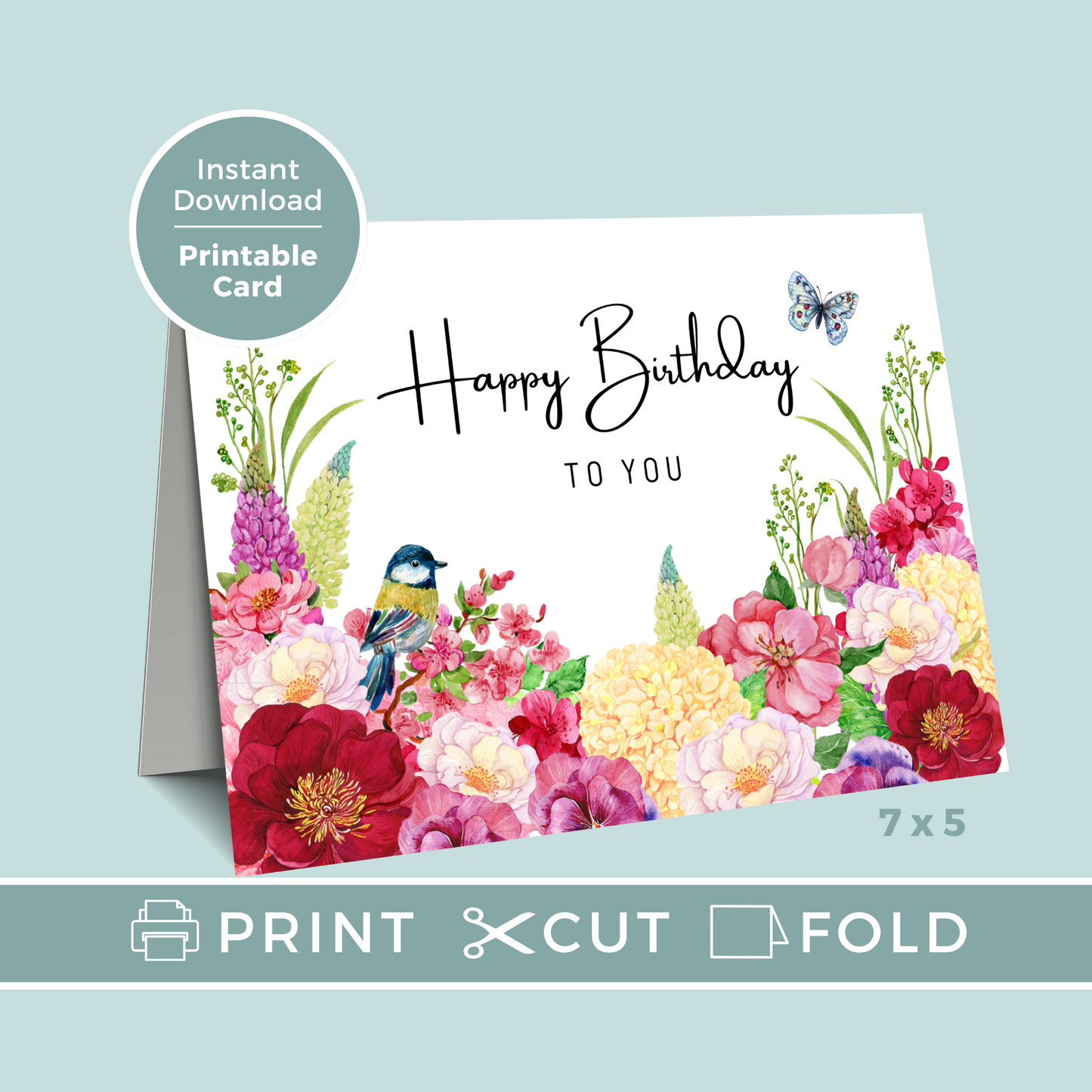 Printable Birthday Card - Red Pink Flowers