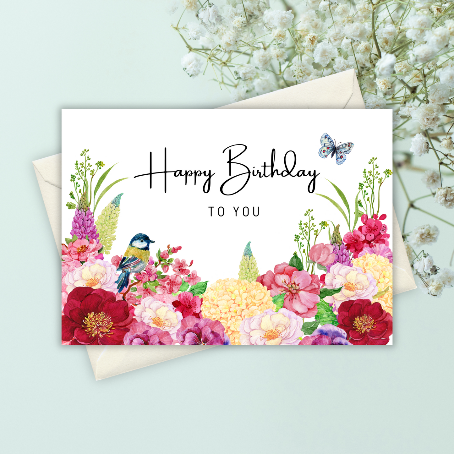 Printable Birthday Card - Red Pink Flowers