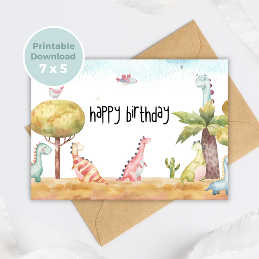 Printable Birthday Card - Watercolour Dinosaur
