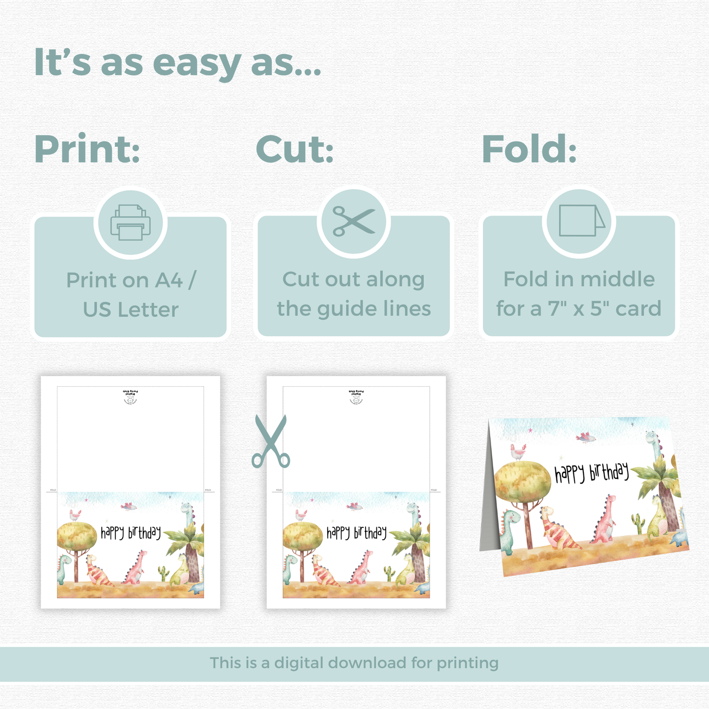 Printable Birthday Card - Watercolour Dinosaur