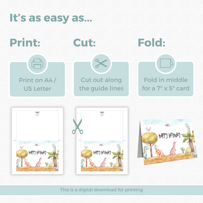 Printable Birthday Card - Watercolour Dinosaur