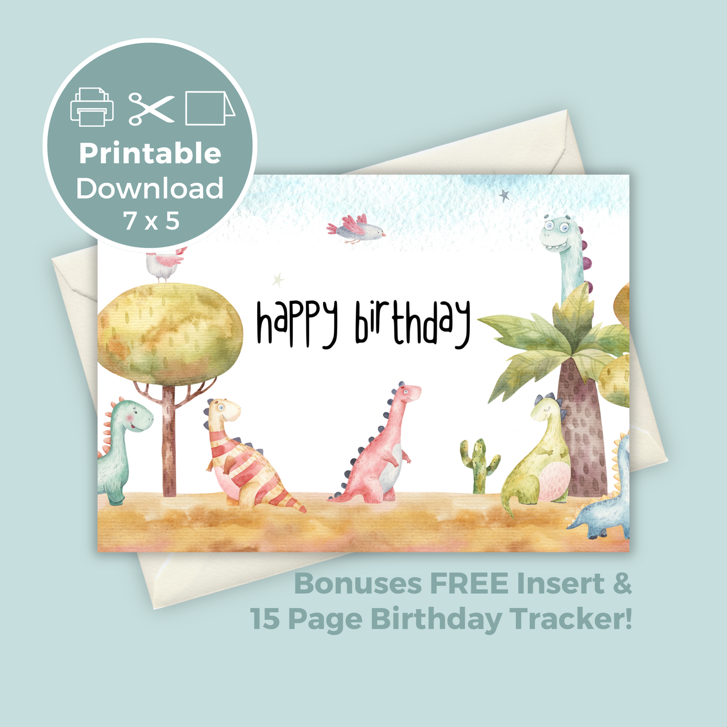 Printable Birthday Card - Watercolour Dinosaur