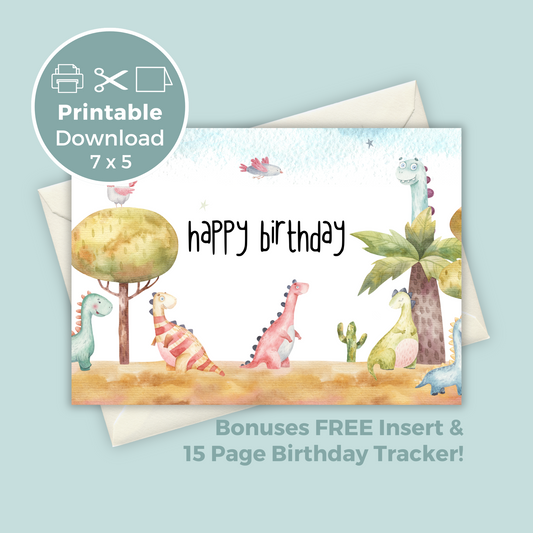 Printable Birthday Card - Watercolour Dinosaur