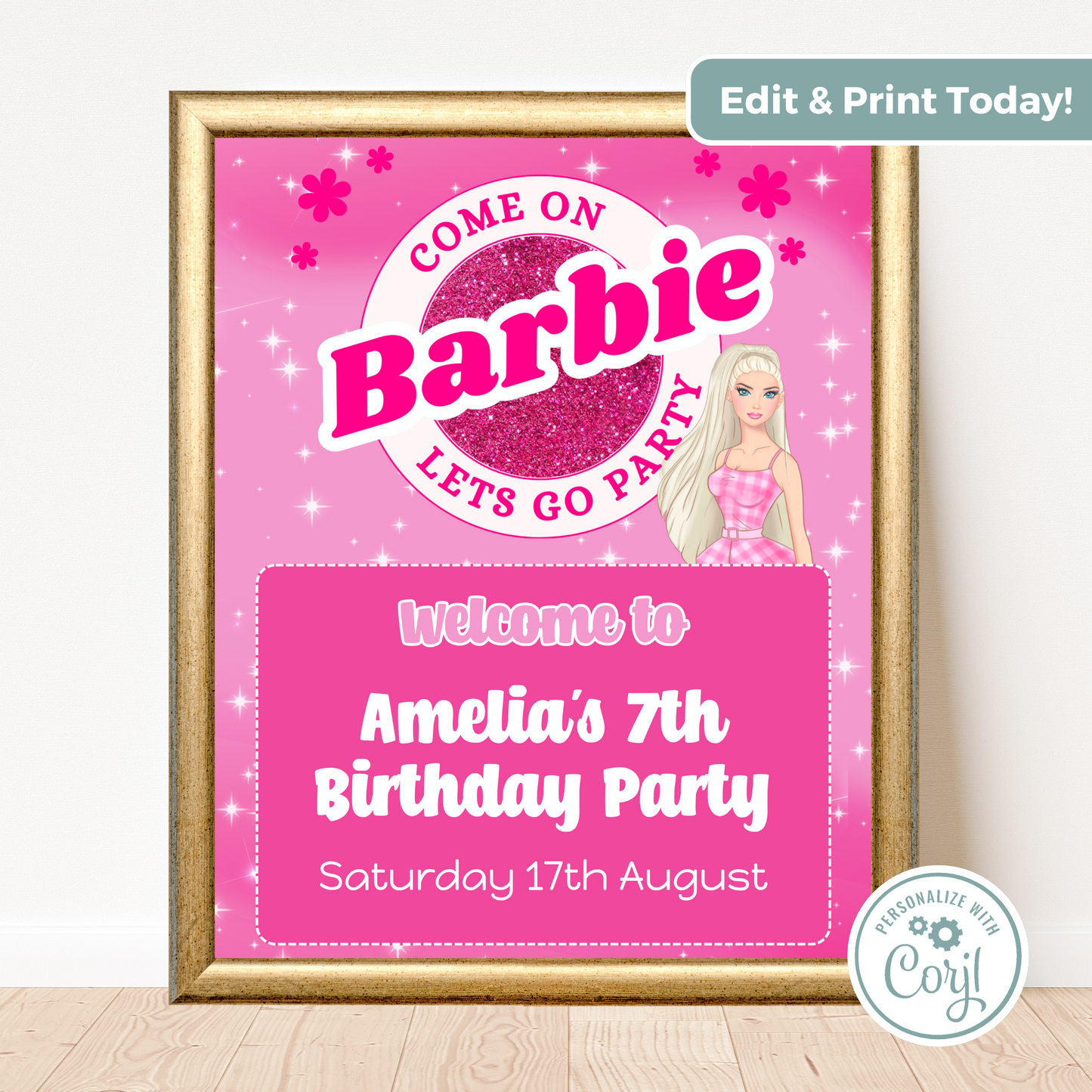 Editable Birthday Welcome Sign - Barbie