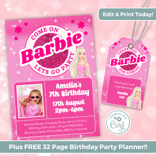 Editable Birthday Invitation and FREE Thank You Tag - Barbie