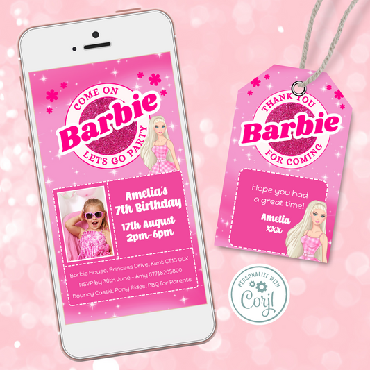 Editable Phone Birthday Invitation and FREE Thank You Tag - Barbie