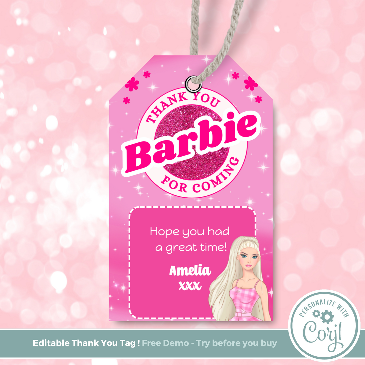 Editable Birthday Thank You Tag - Barbie