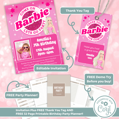 Editable Birthday Invitation and FREE Thank You Tag - Barbie