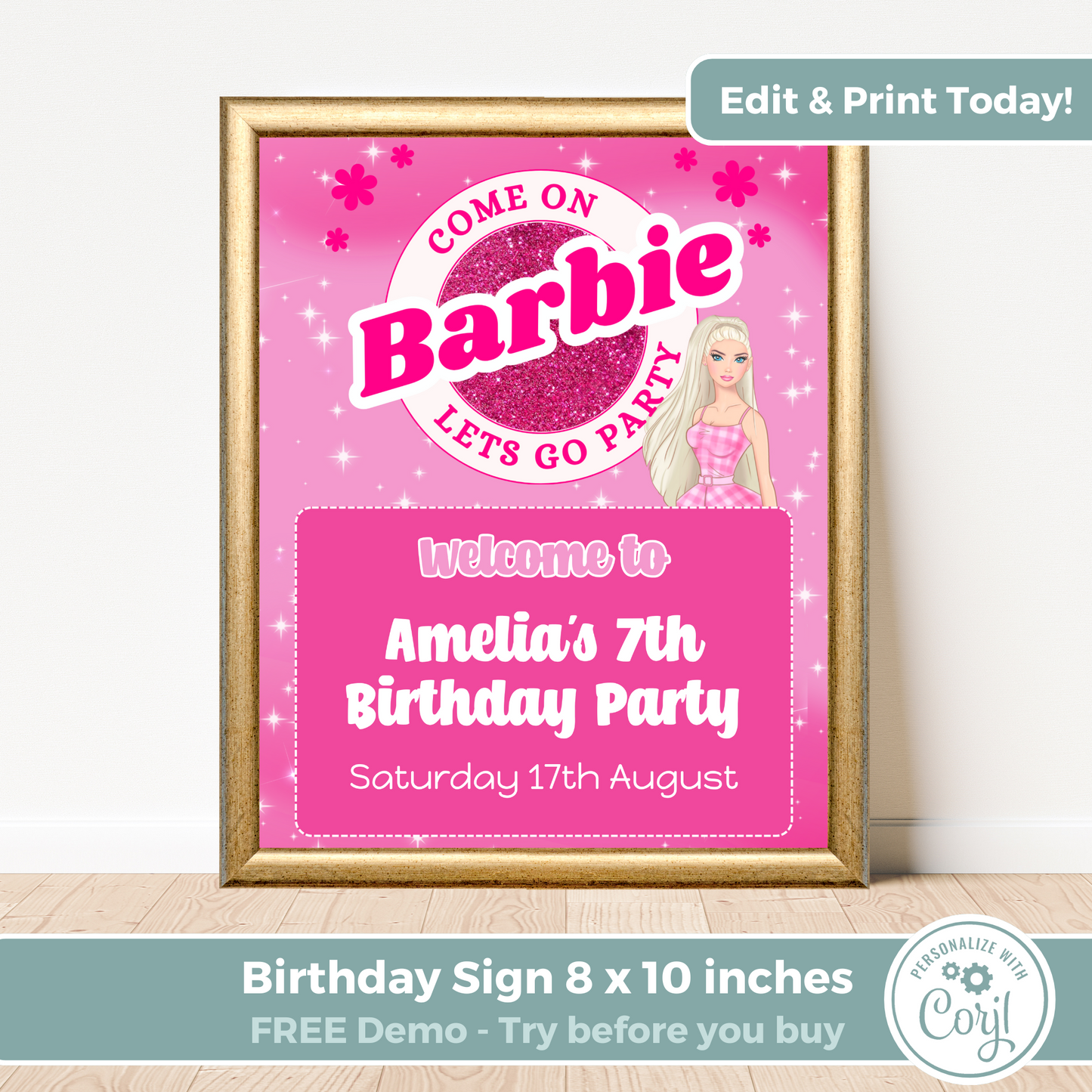 Editable Birthday Welcome Sign - Barbie