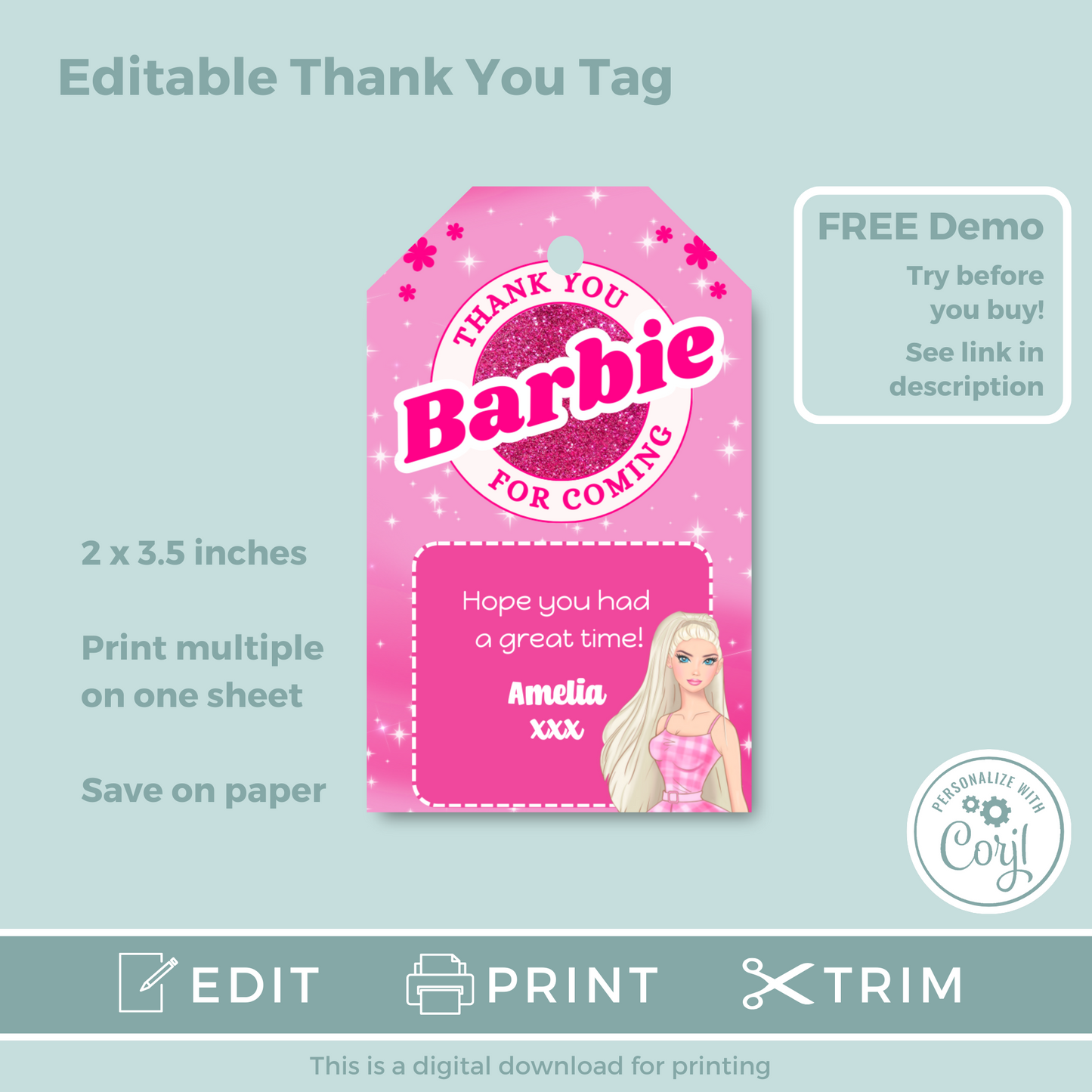 Editable Birthday Thank You Tag - Barbie