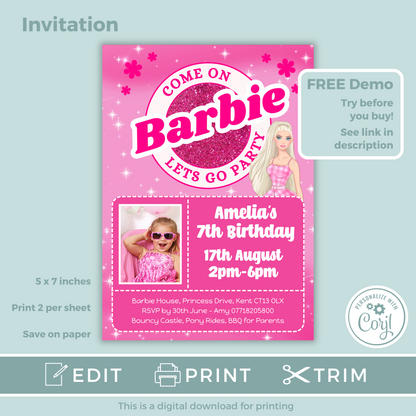 Editable Birthday Invitation and FREE Thank You Tag - Barbie