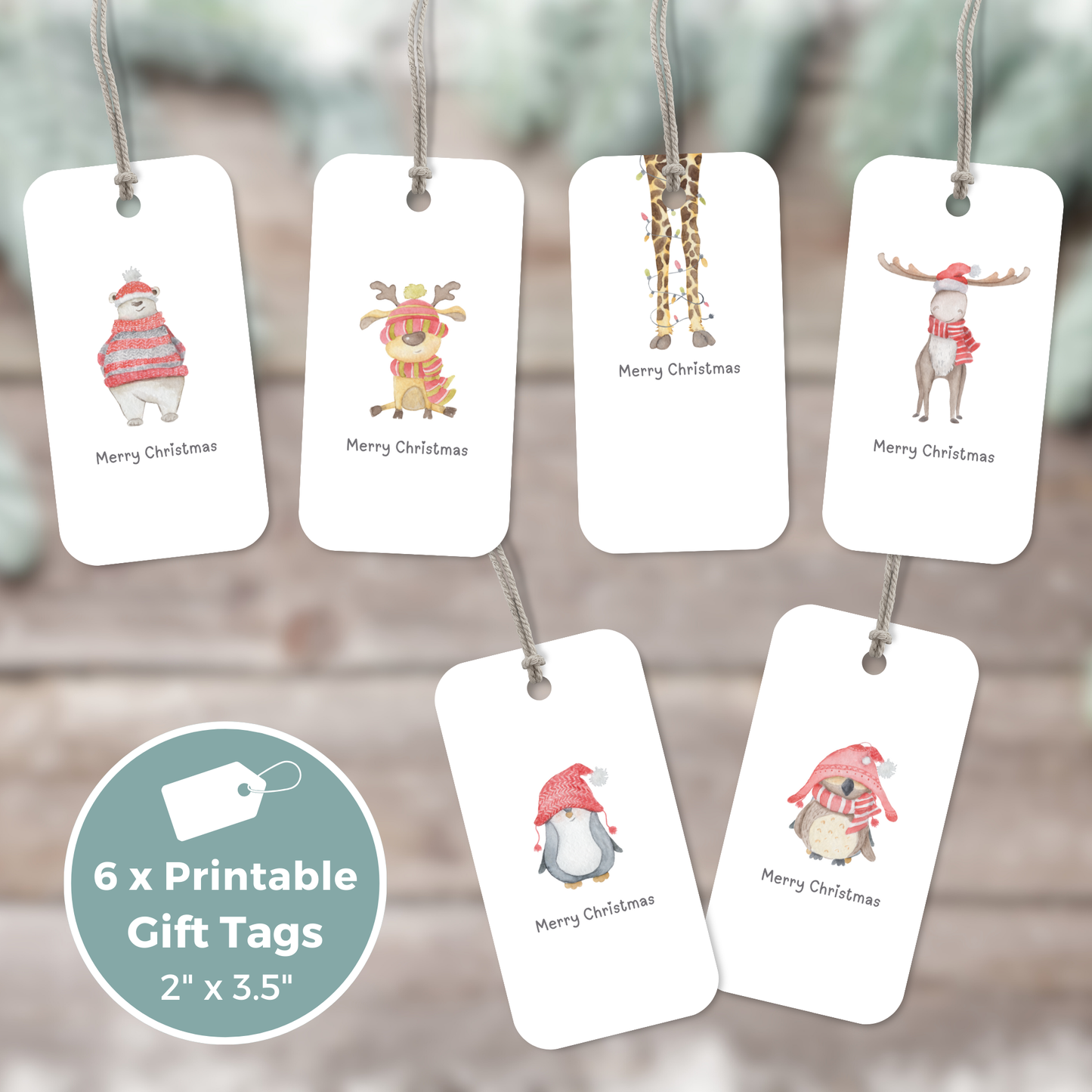 Set of 6 Printable Christmas Gift Tags - Cute Animal