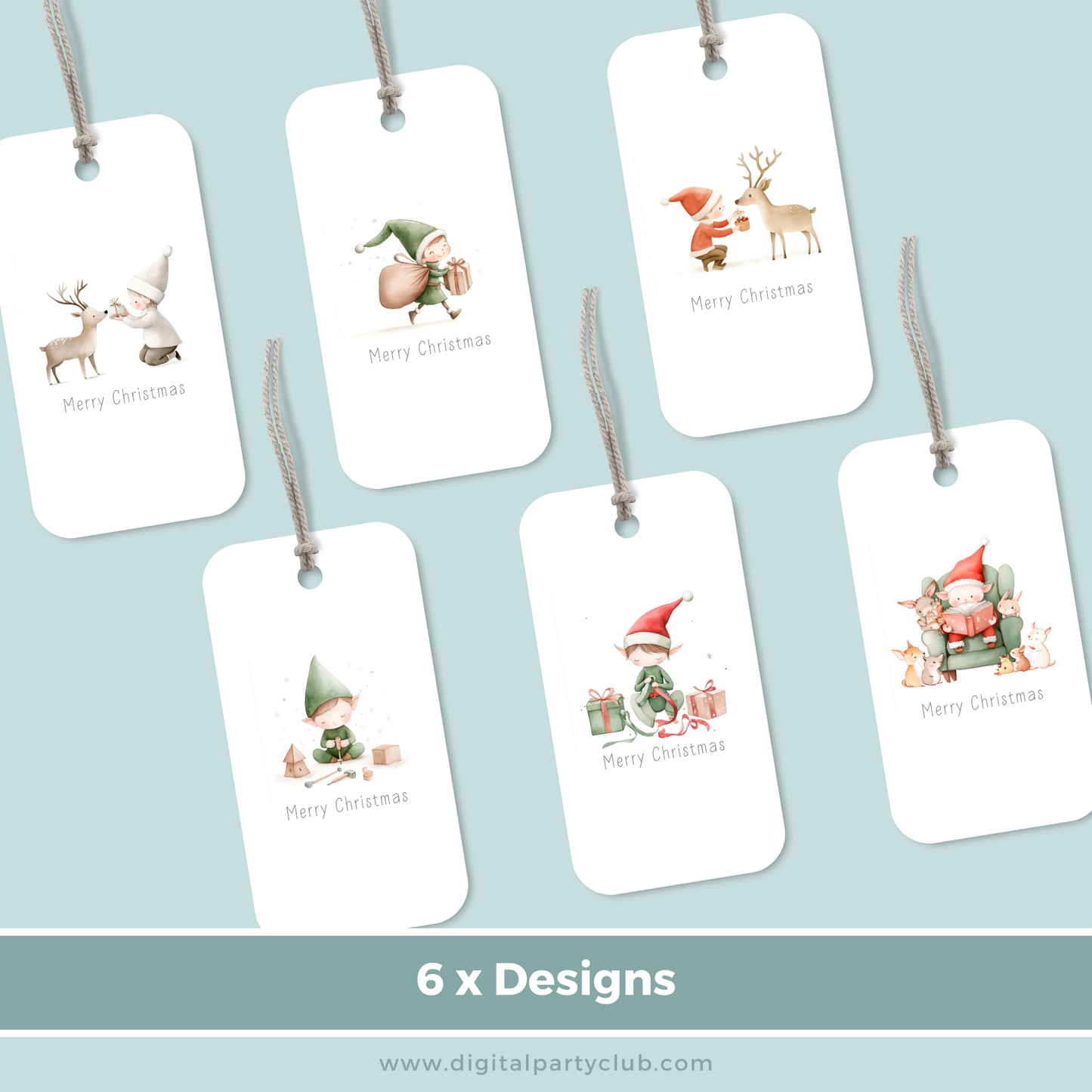 Set of 6 Printable Christmas Gift Tags - Whimsical Characters