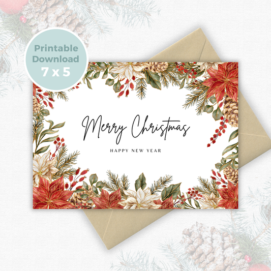Printable Christmas Card - Gold Festive Flowers