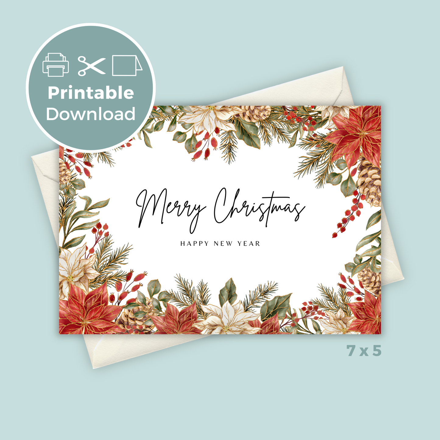 Printable Christmas Card - Gold Festive Flowers