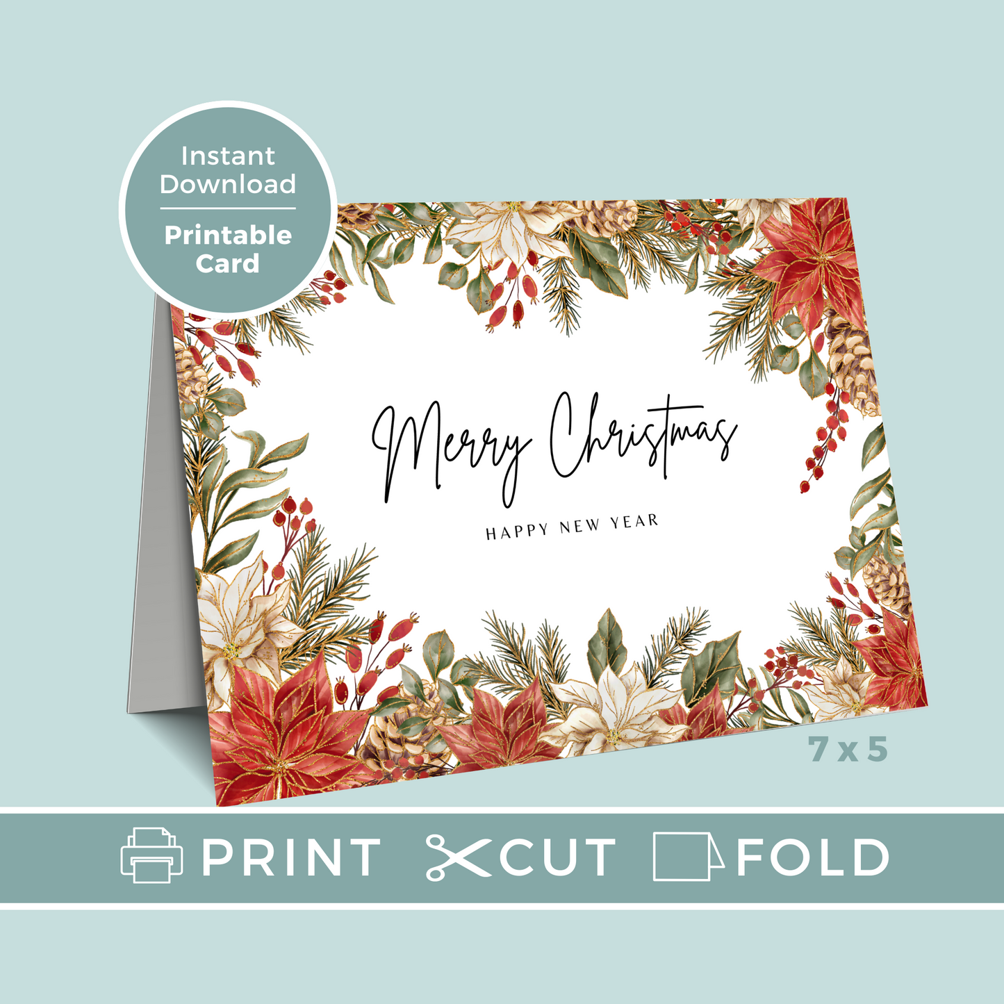 Printable Christmas Card - Gold Festive Flowers