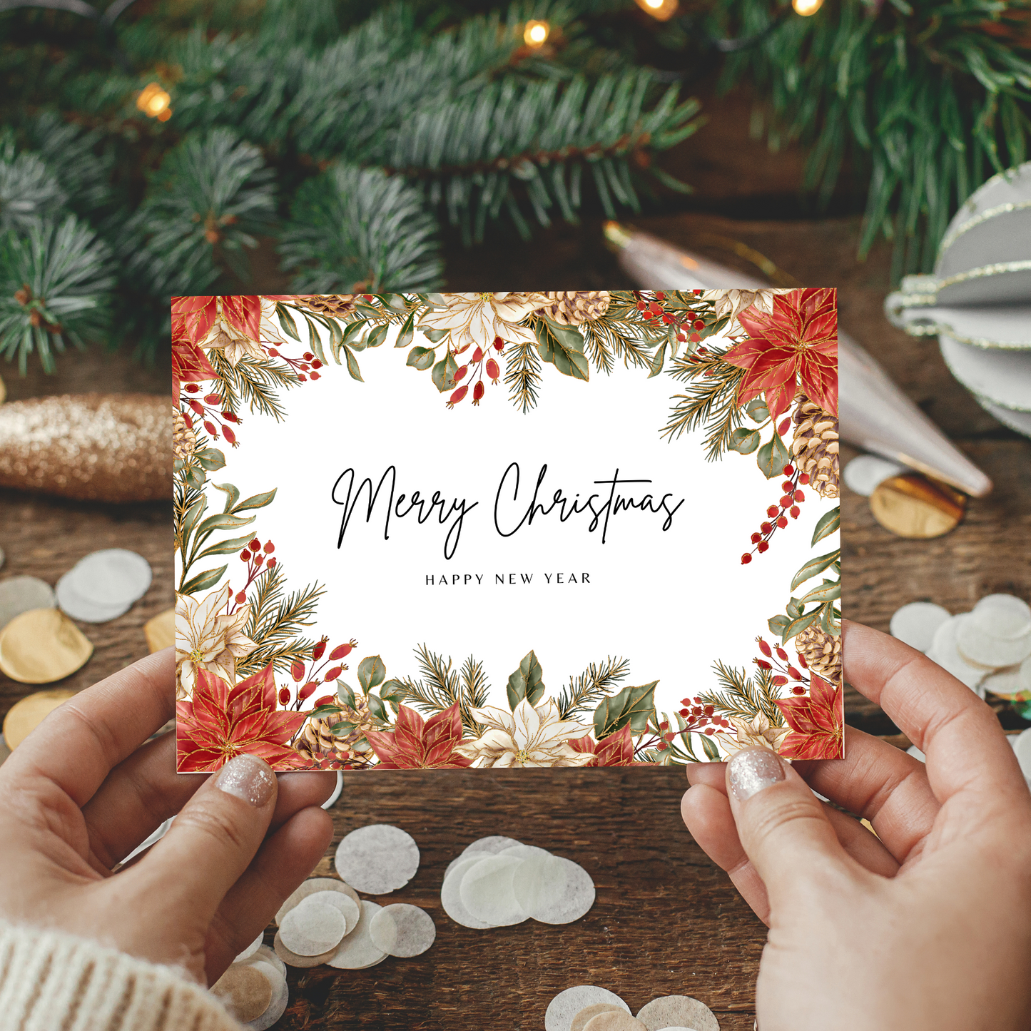 Printable Christmas Card - Gold Festive Flowers