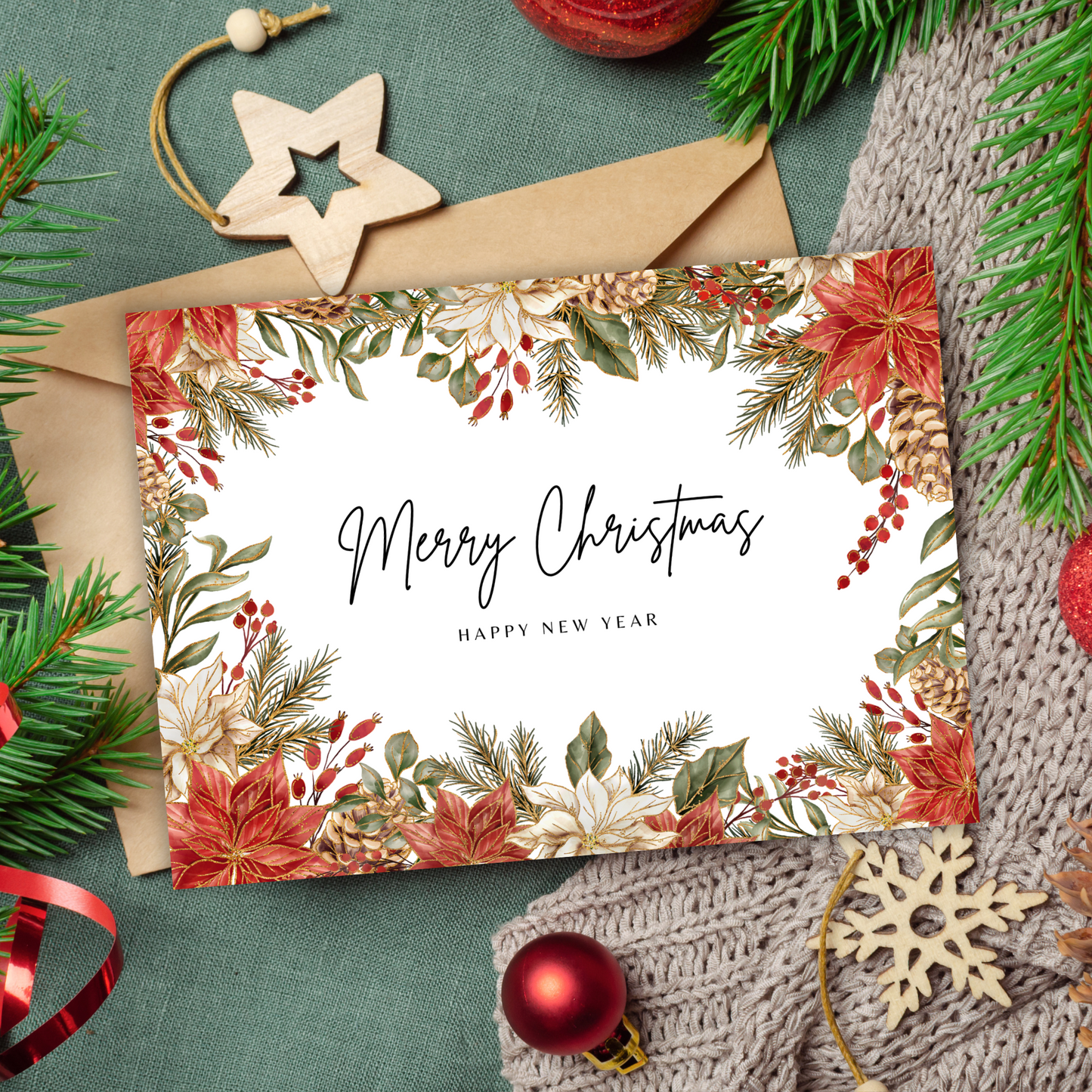 Printable Christmas Card - Gold Festive Flowers