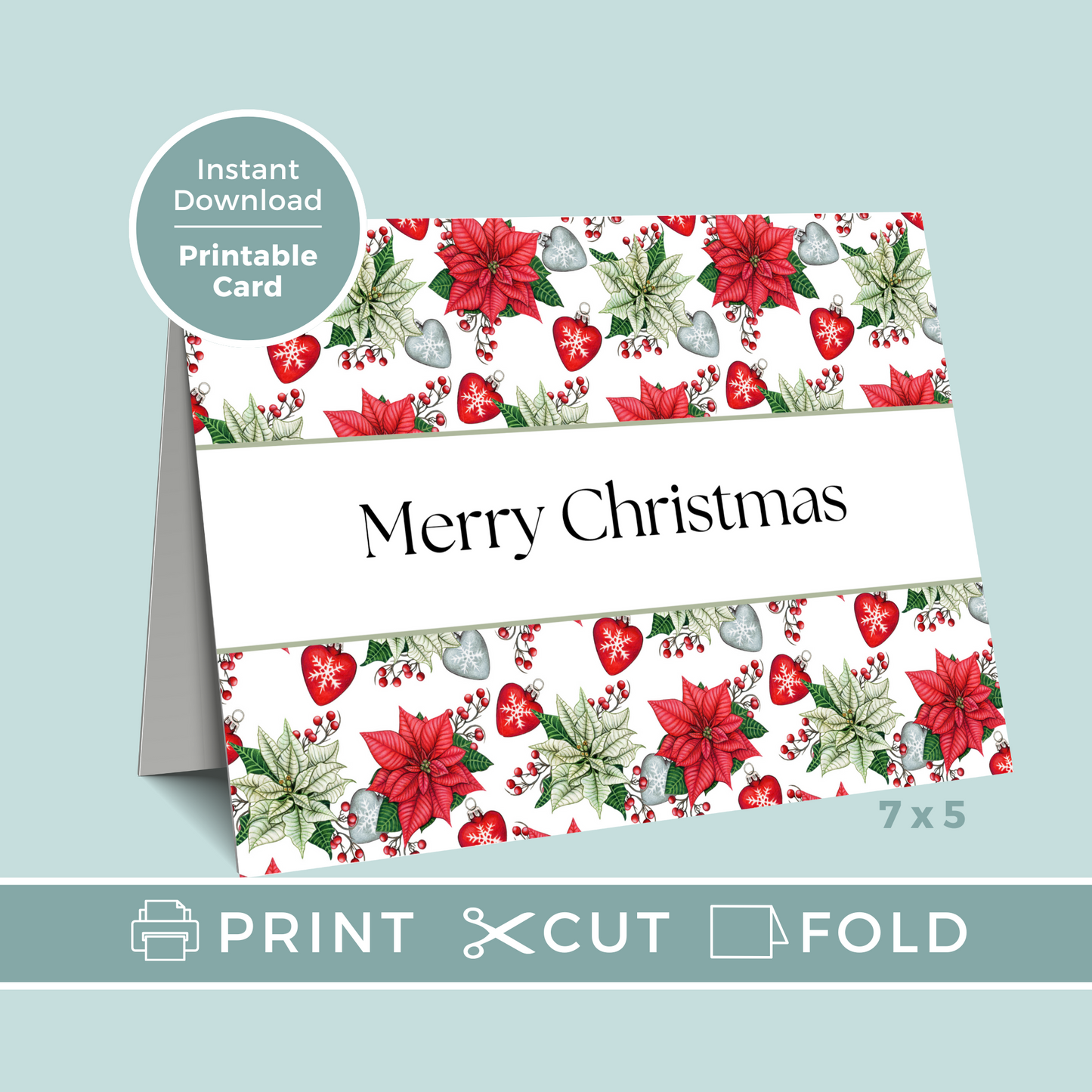 Printable Christmas Card - Red & Green Flowers