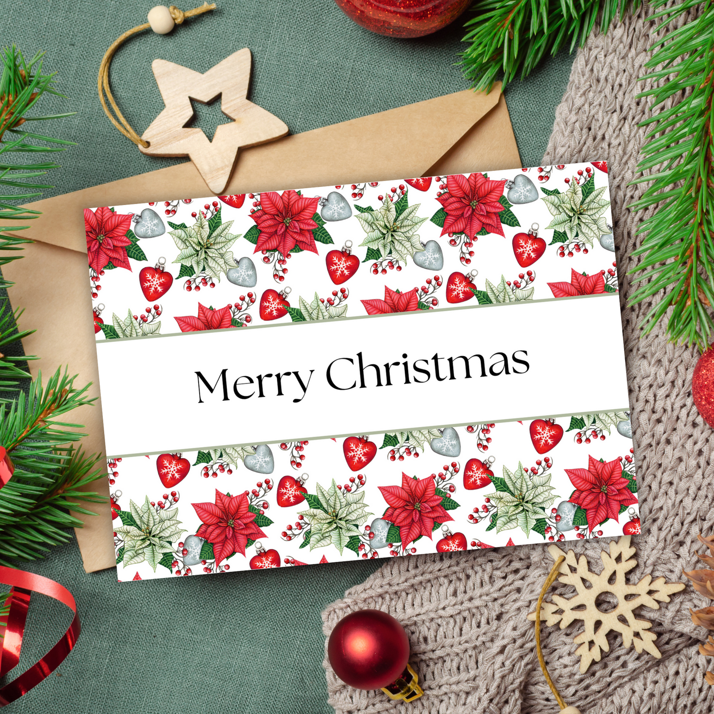 Printable Christmas Card - Red & Green Flowers