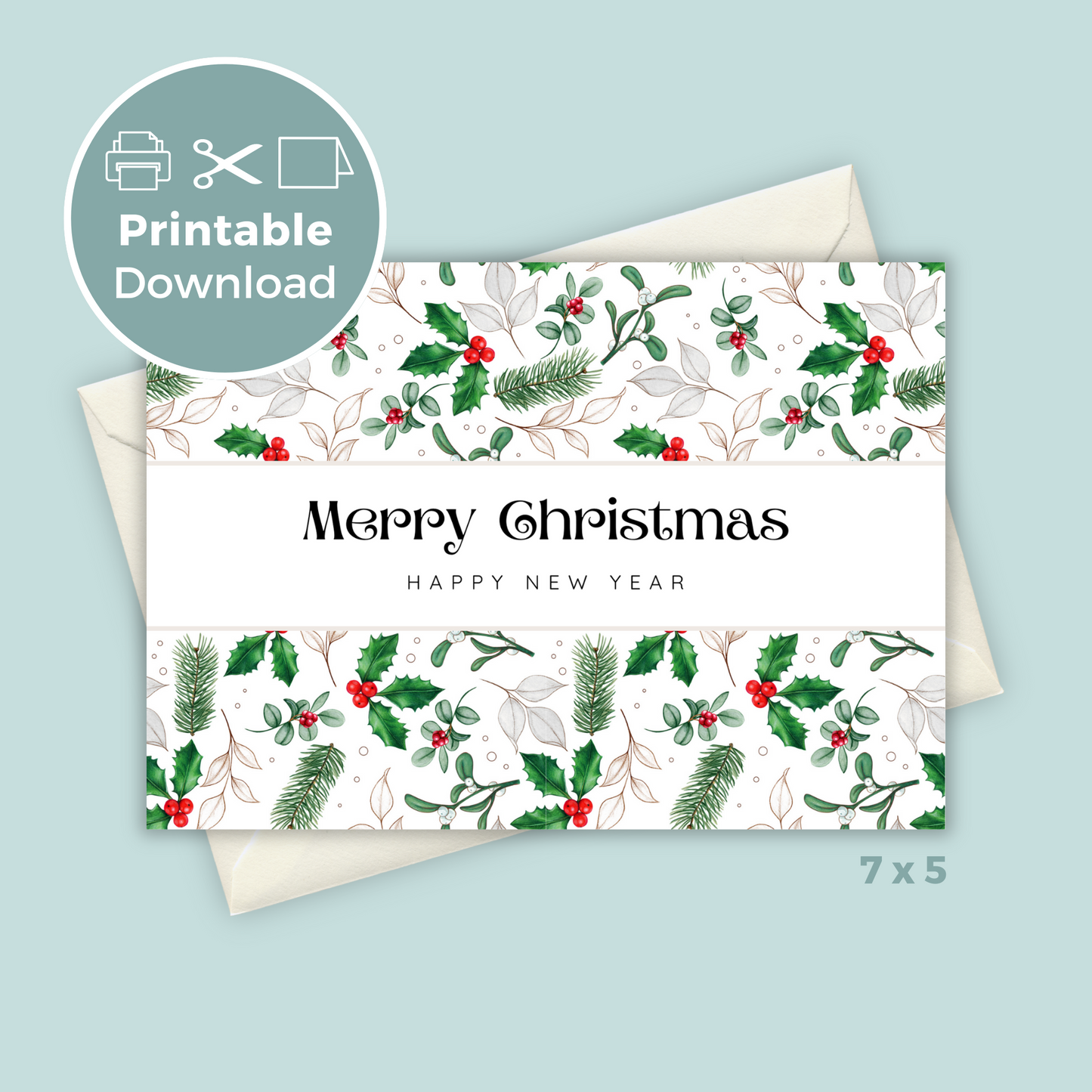 Printable Christmas Card - Holly & Berries