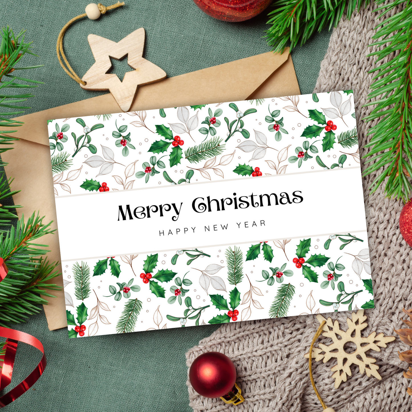 Printable Christmas Card - Holly & Berries