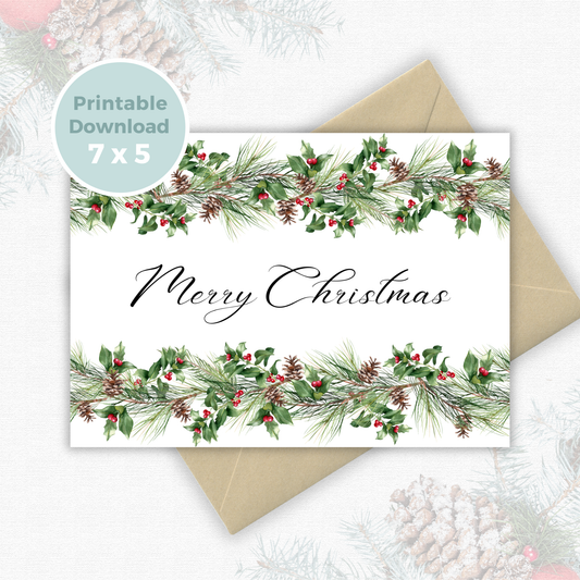 Printable Christmas Card - Pinecone and Holly