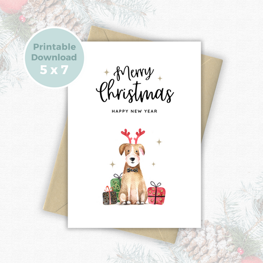 Printable Christmas Card - Cute Dog in Reindeer Antlers
