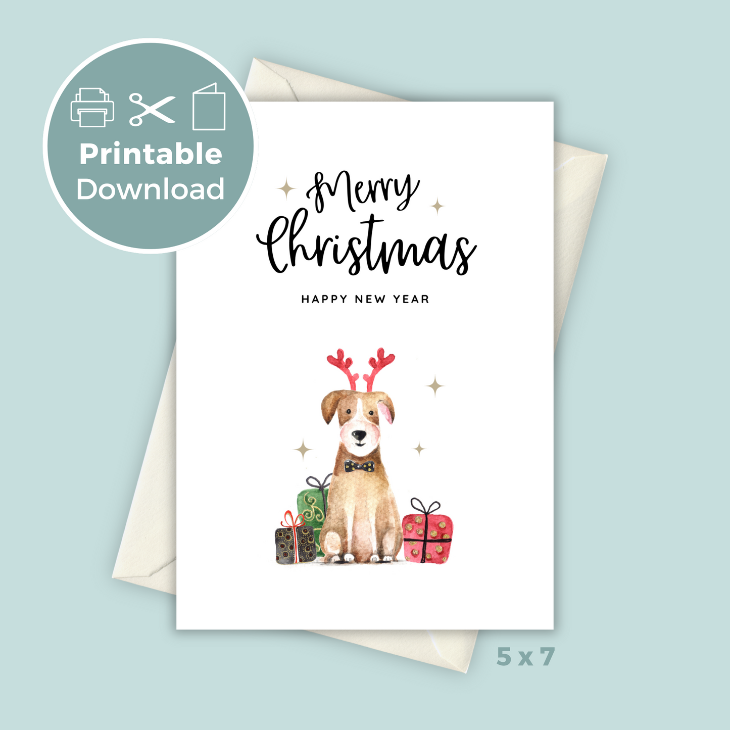 Printable Christmas Card - Cute Dog in Reindeer Antlers