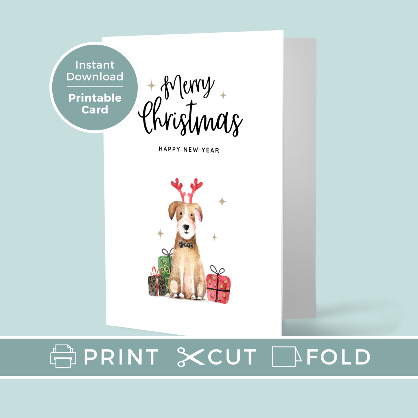 Printable Christmas Card - Cute Dog in Reindeer Antlers