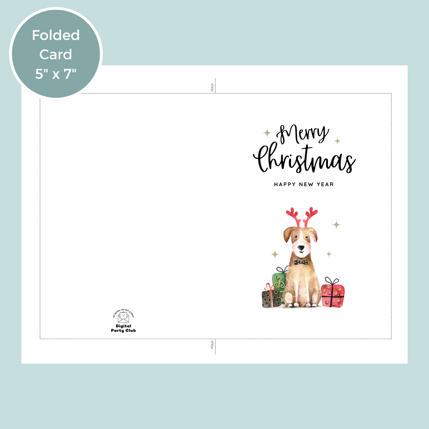 Printable Christmas Card - Cute Dog in Reindeer Antlers