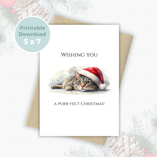 Printable Christmas Card - Cat Santa Hat