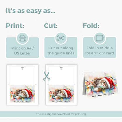 Printable Christmas Card - Cat Tangled Lights