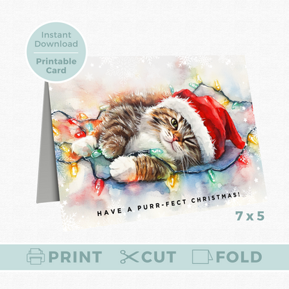 Printable Christmas Card - Cat Tangled Lights