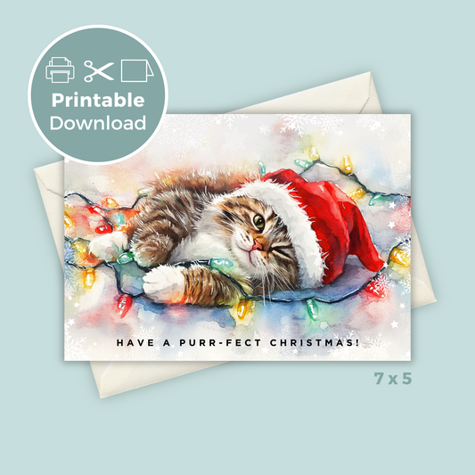 Printable Christmas Card - Cat Tangled Lights