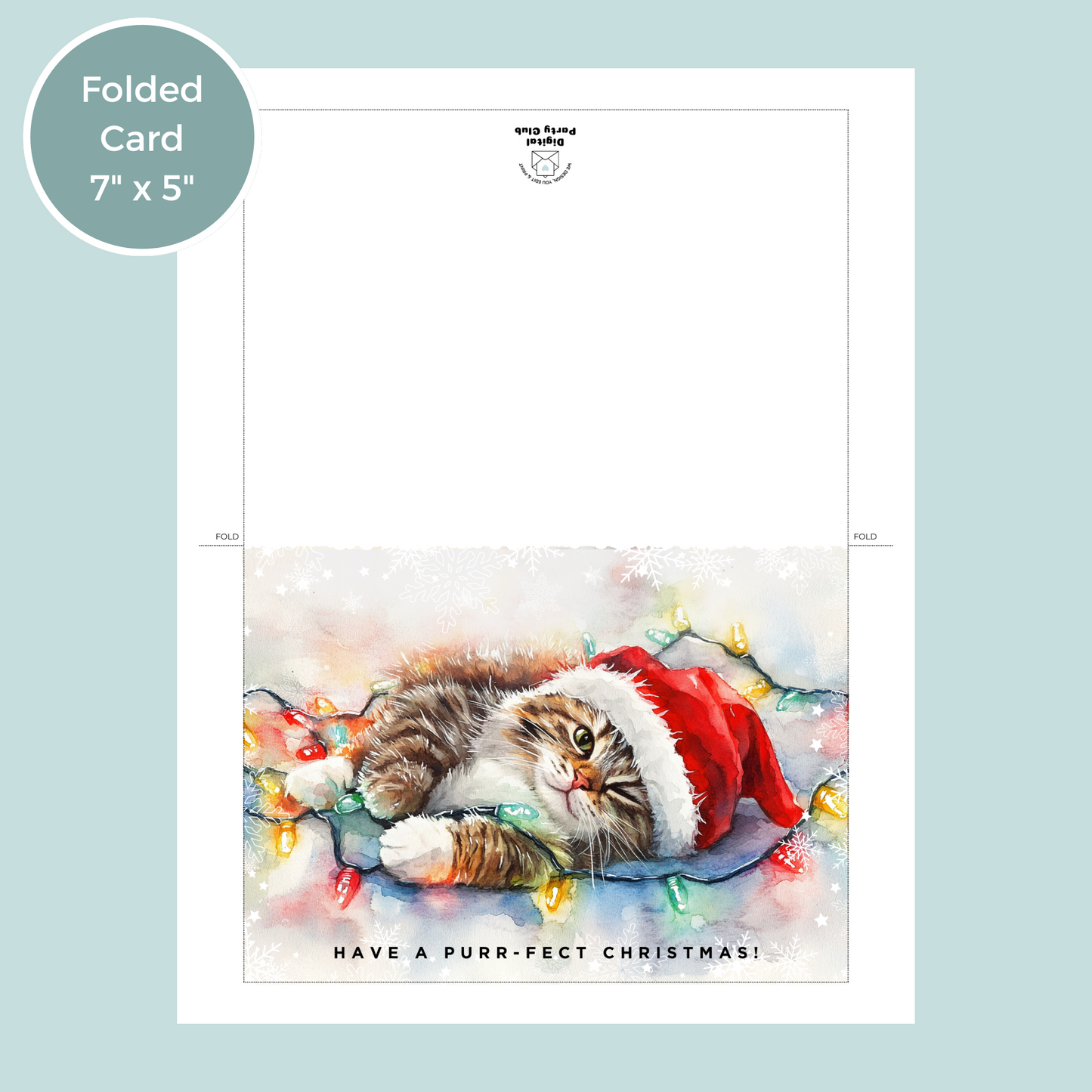 Printable Christmas Card - Cat Tangled Lights