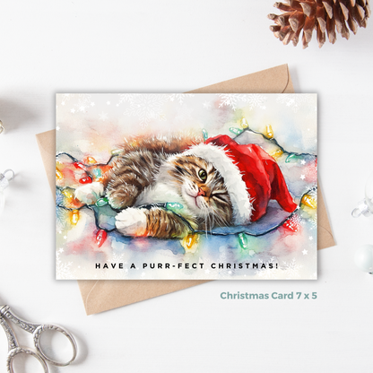 Printable Christmas Card - Cat Tangled Lights