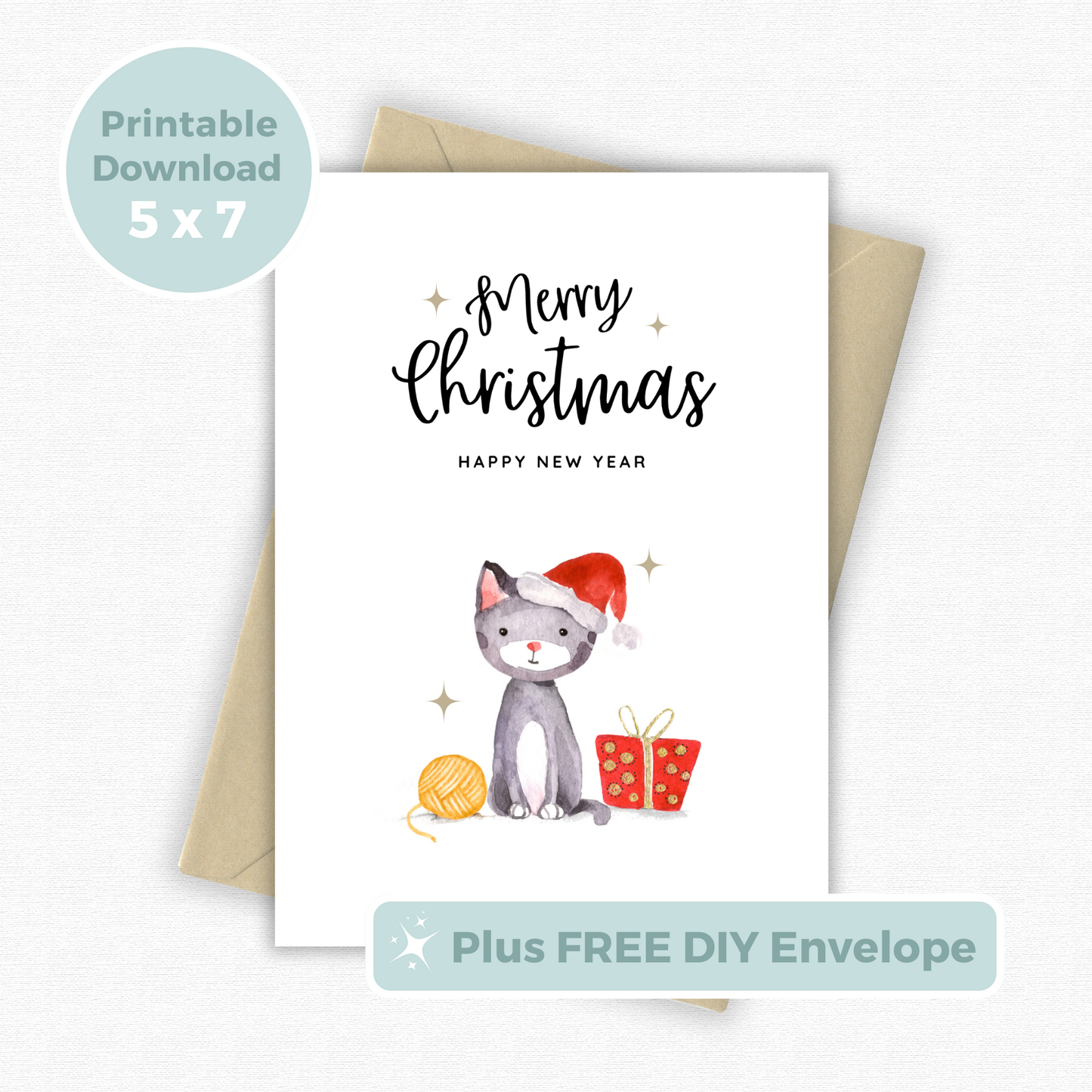 Printable Christmas Card - Cute Cat Wearing Santa Hat