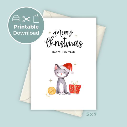 Printable Christmas Card - Cute Cat Wearing Santa Hat