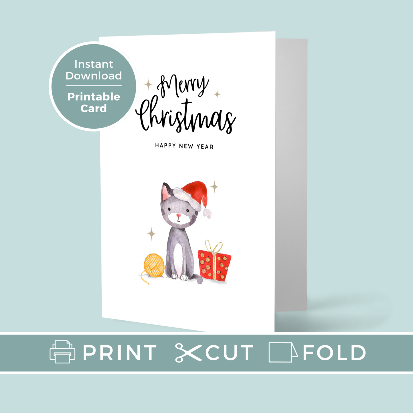 Printable Christmas Card - Cute Cat Wearing Santa Hat