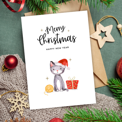 Printable Christmas Card - Cute Cat Wearing Santa Hat