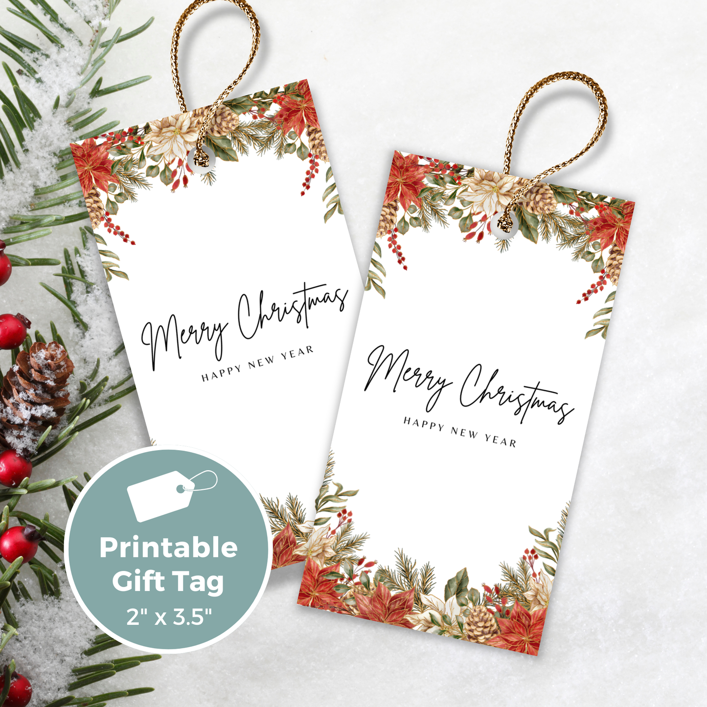 Printable Christmas Gift Tag - Festive Flowers