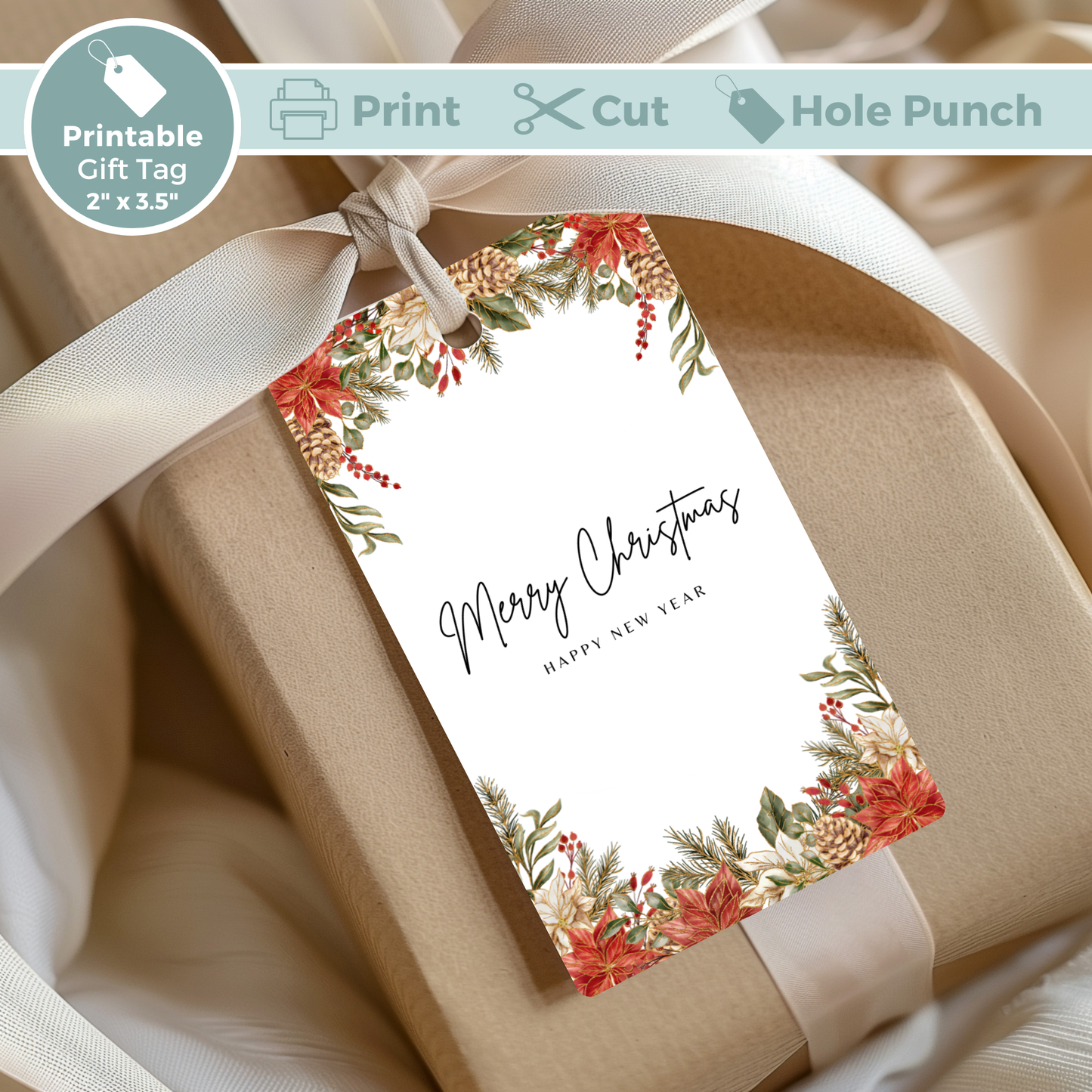 Printable Christmas Gift Tag - Festive Flowers