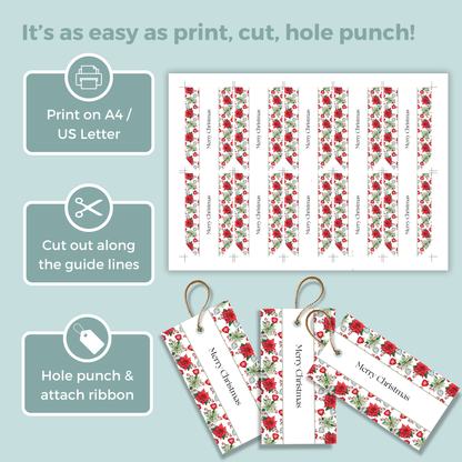 Printable Christmas Gift Tag - Poinsettia Flowers