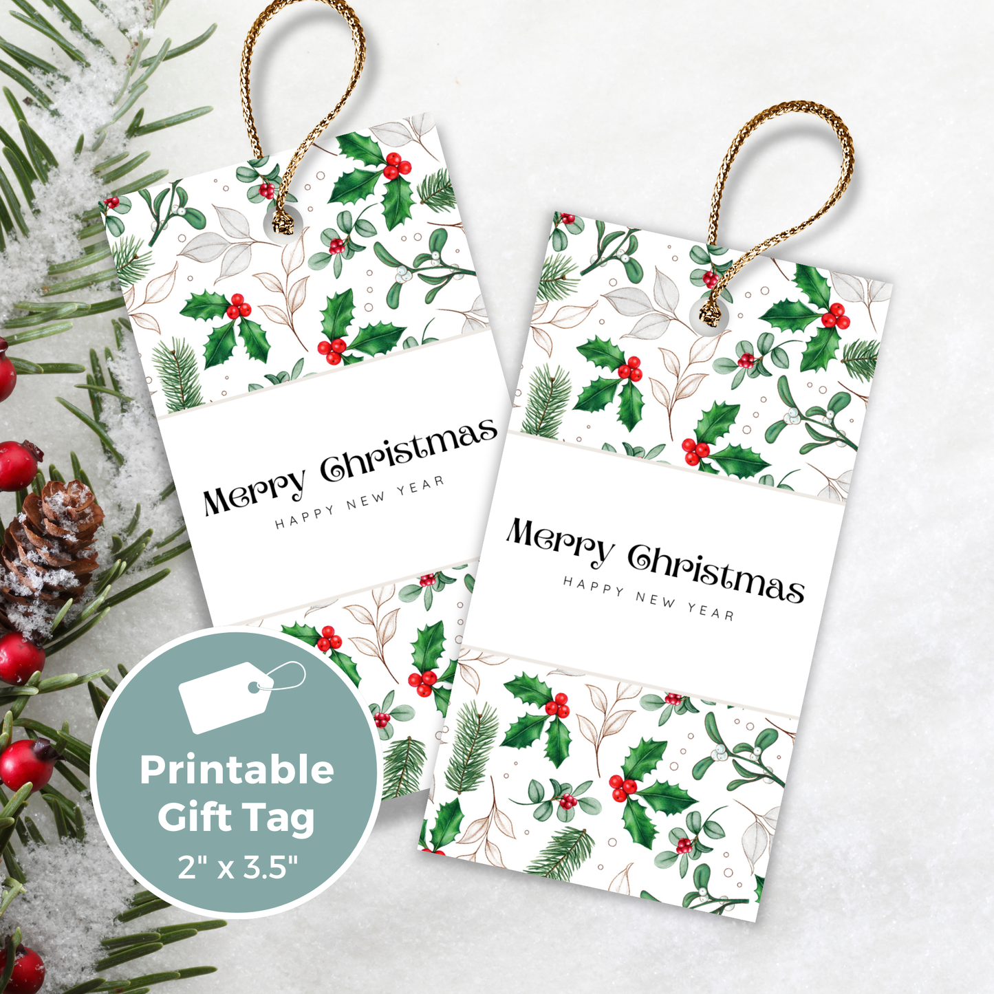 Printable Christmas Gift Tag - Holly Berries & Mistletoe