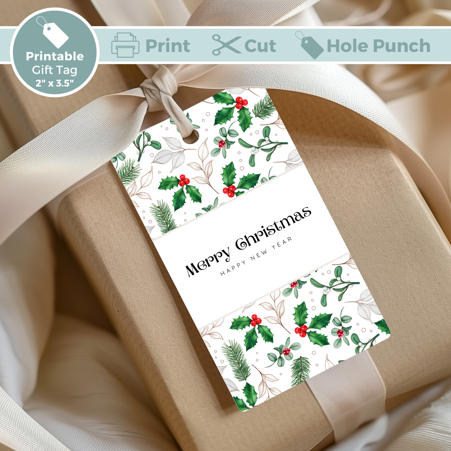 Printable Christmas Gift Tag - Holly Berries & Mistletoe