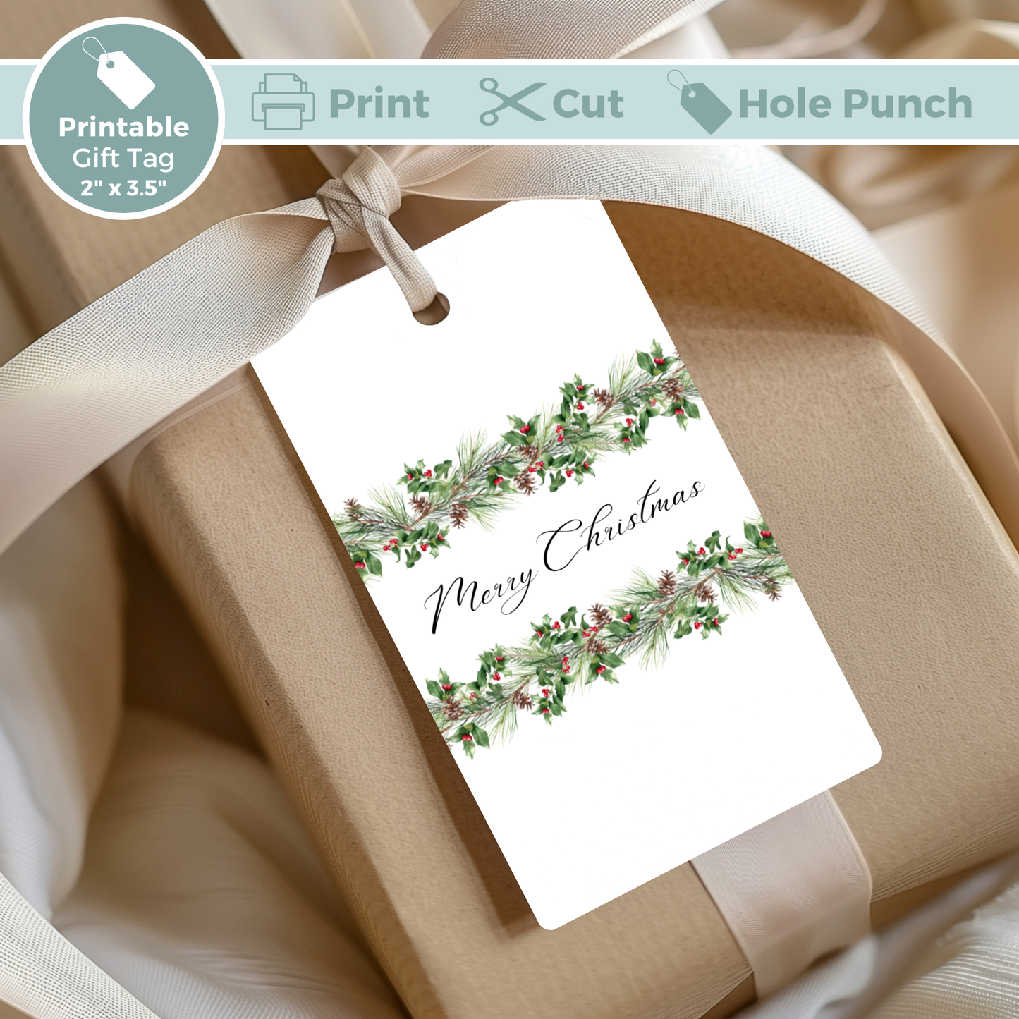 Printable Christmas Gift Tag - Festive Flowers