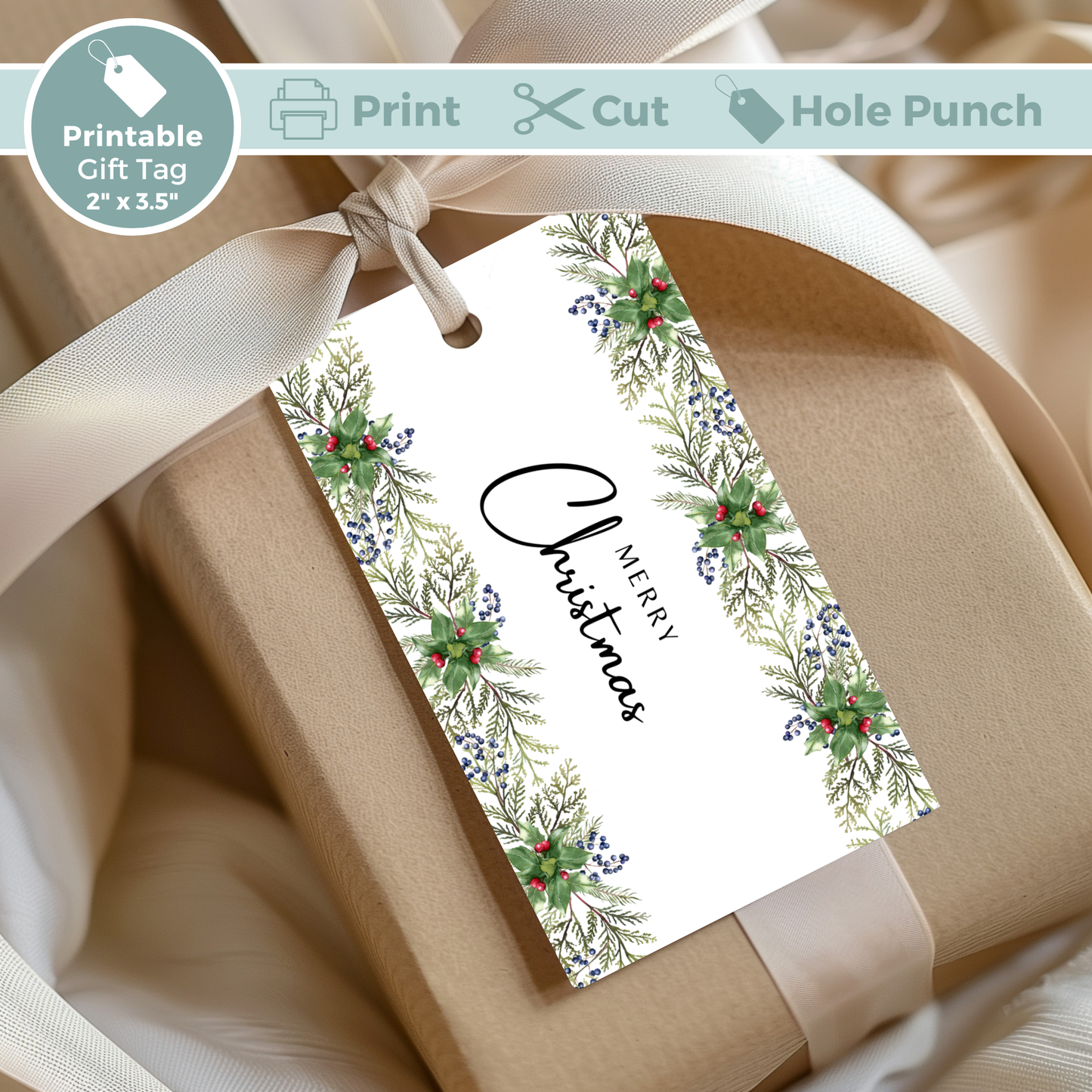 Printable Christmas Gift Tag - Festive Flowers