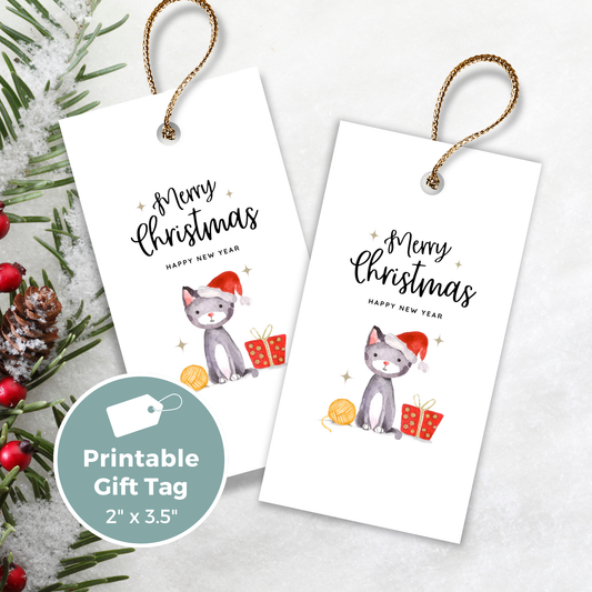 Printable Christmas Gift Tag - Cat with Santa Hat