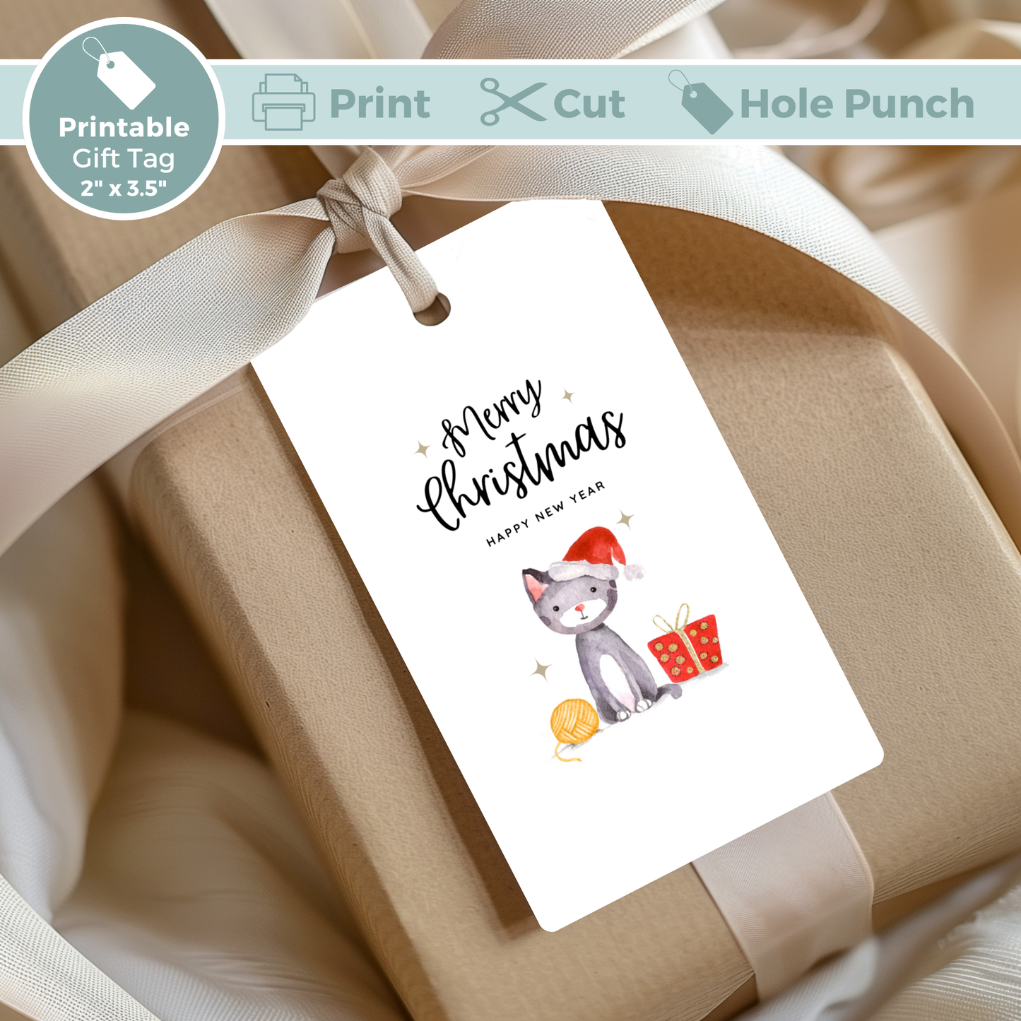 Printable Christmas Gift Tag - Cat with Santa Hat